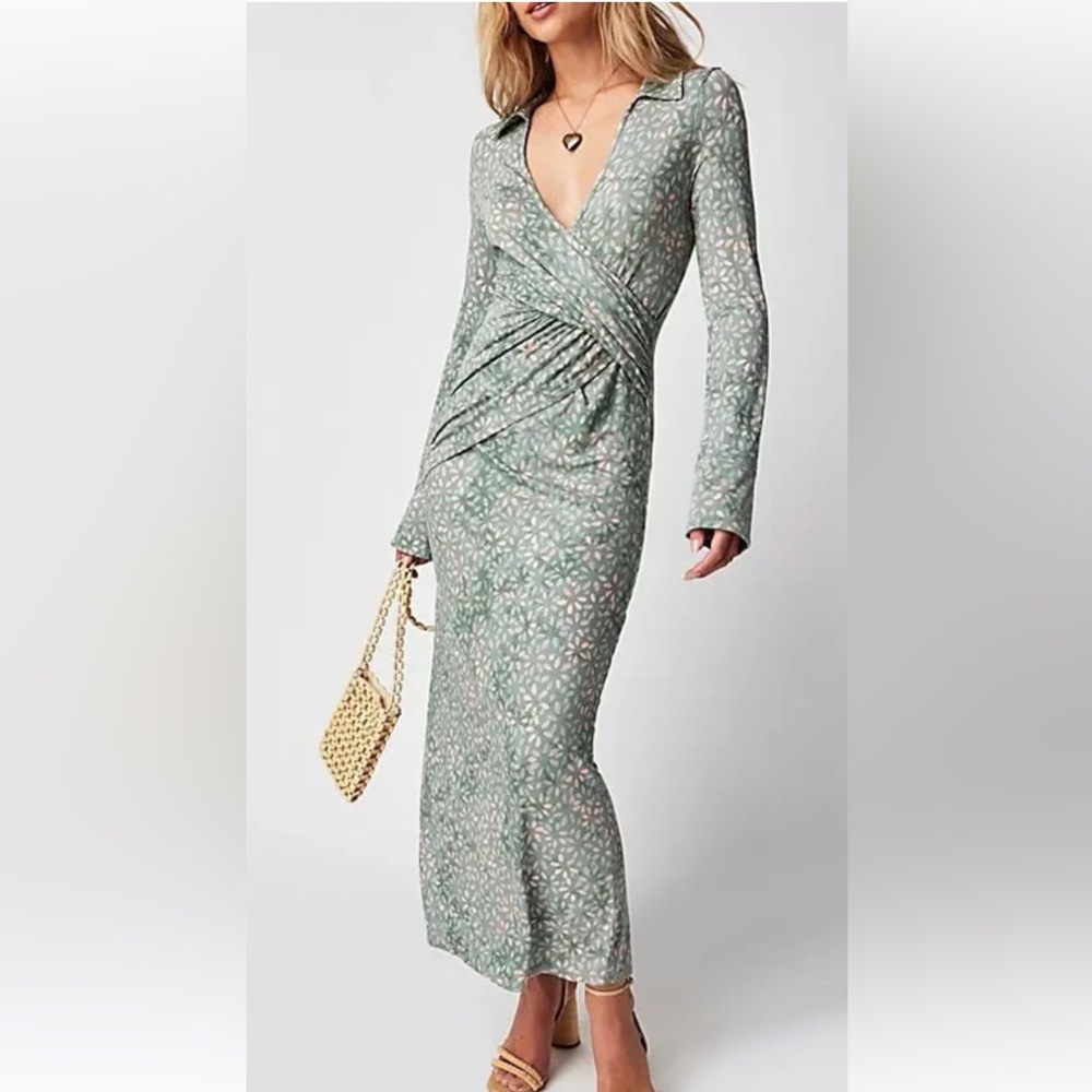 Free People Sage Floral Long Sleeve Dress